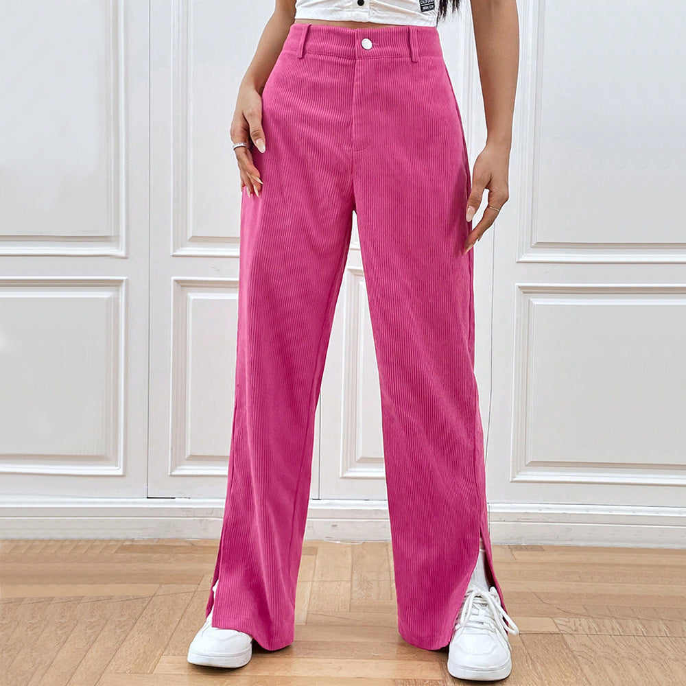 Women's wide-leg corduroy trousers with side slits, size