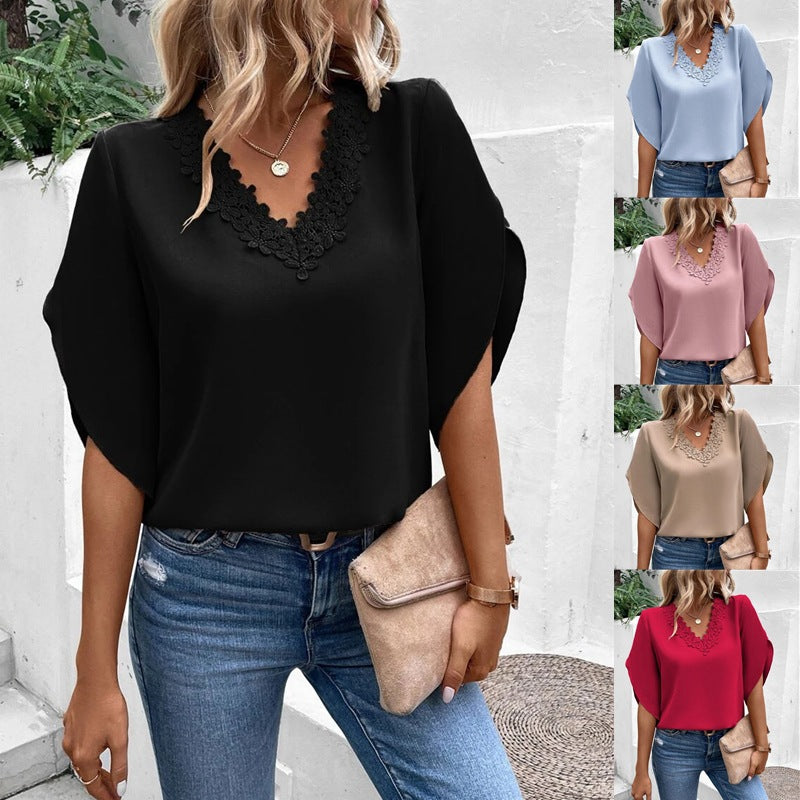 Women's blouse with floral lace appliqués and elegant cut-out sleeves, size S