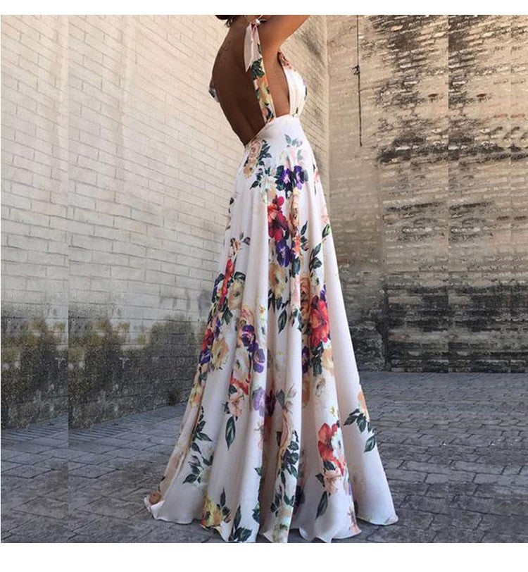 Valenzora | Bedrucktes langärmeliges Spaghetti-Träger-Kleid mit weitem Saum