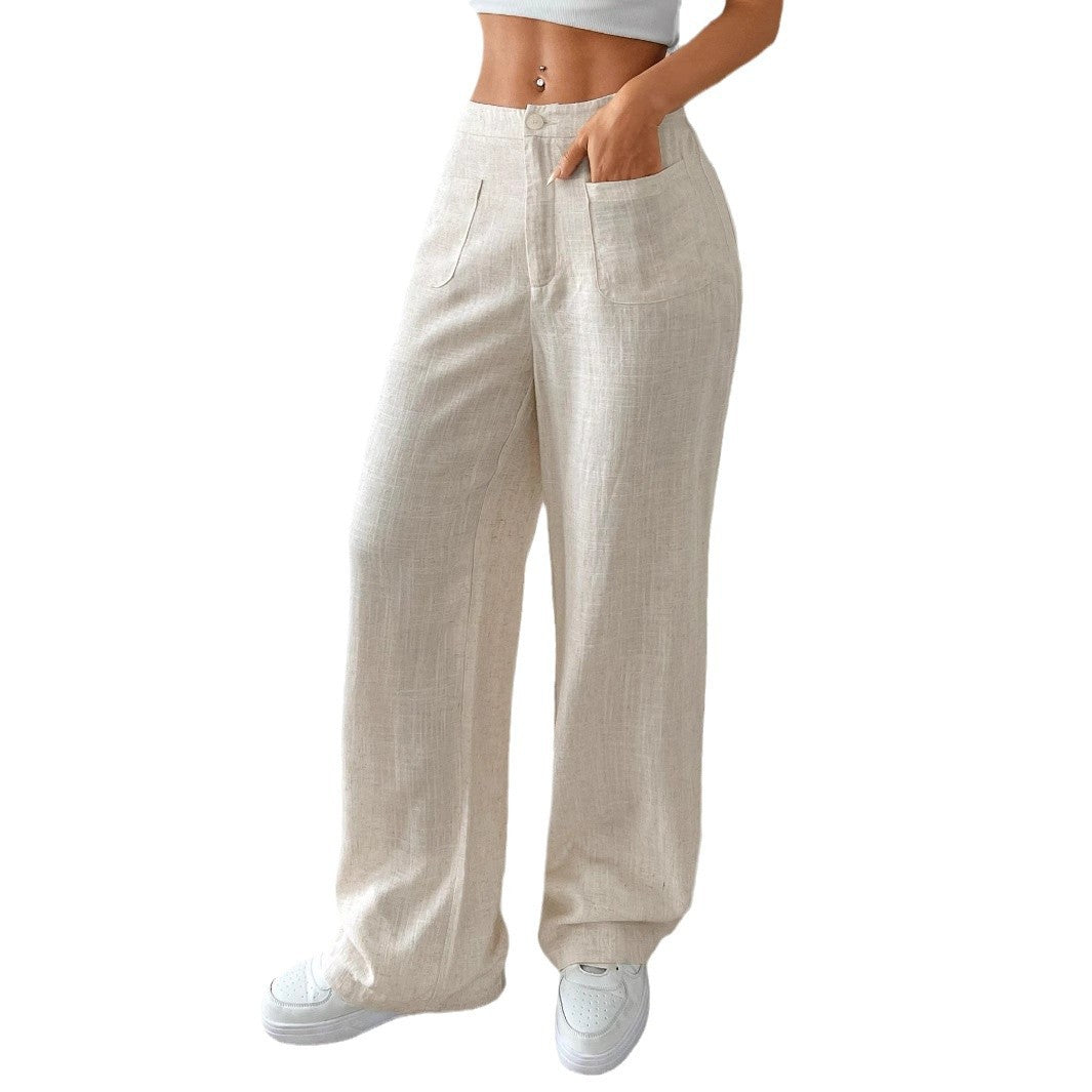 Women's wide linen trousers with elasticated waistband and practical pockets, size