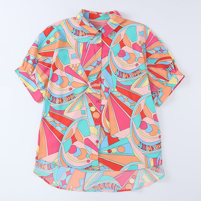 Women's colorful blouse with geometric pattern and fashionable button placket, size
