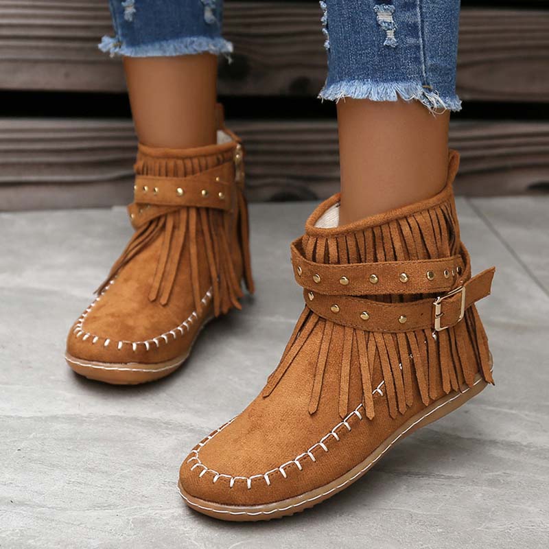 Valenzora | Boho-Stiefeletten mit Fransen und Schnallen für Damen