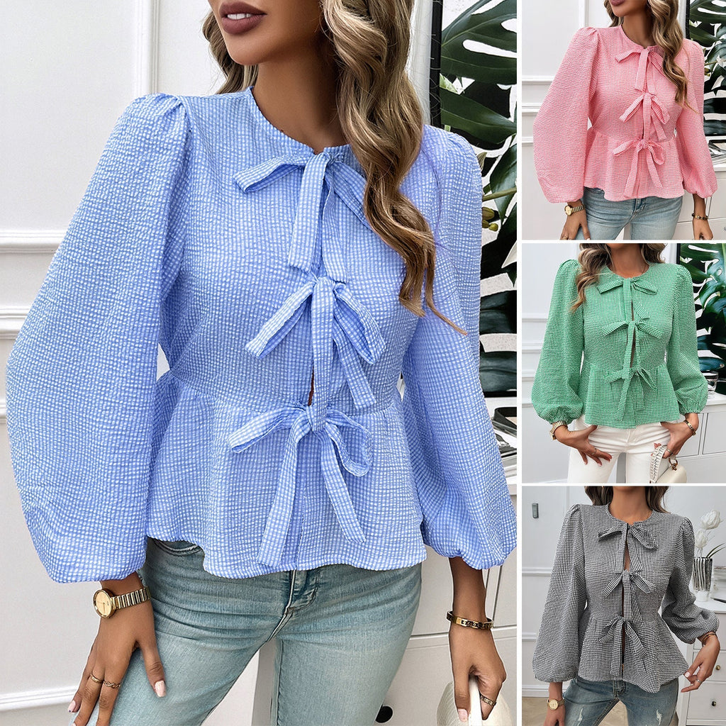 Women's blouse with decorative ribbons and flounced sleeves, size