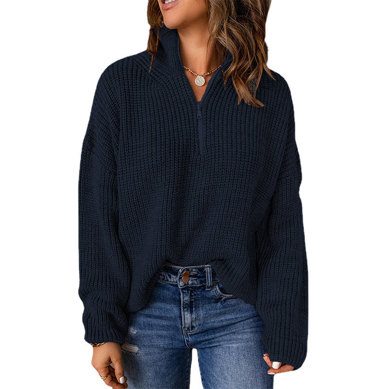 Women's chunky knit sweater with stand-up collar and zipper, size