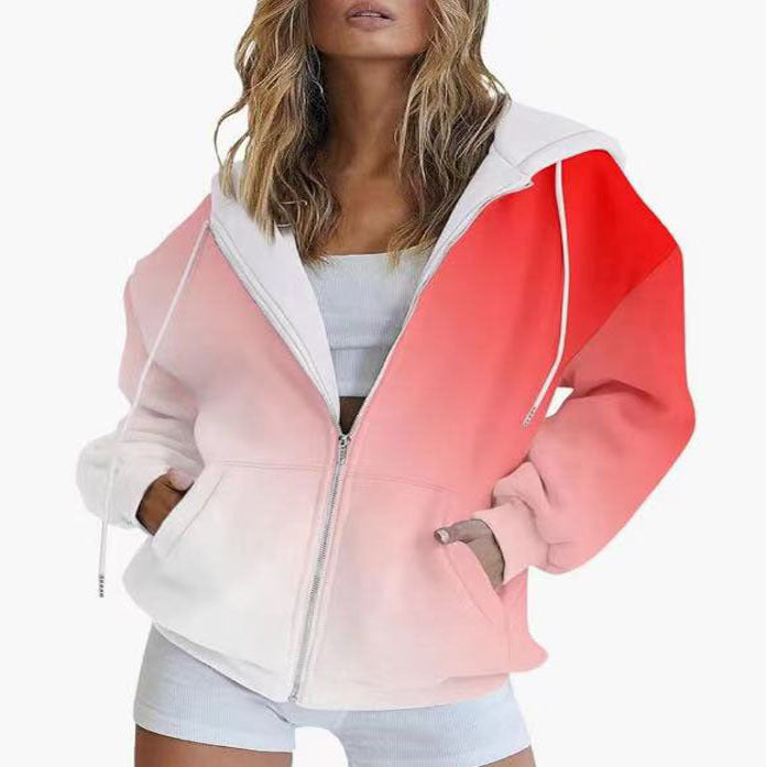 Women's hooded jacket with gradient color scheme and deep pockets, size