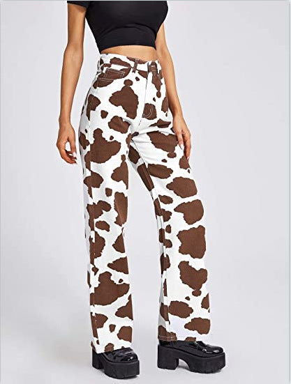 Valenzora | Women's Cow Print Straight Cut Trousers
