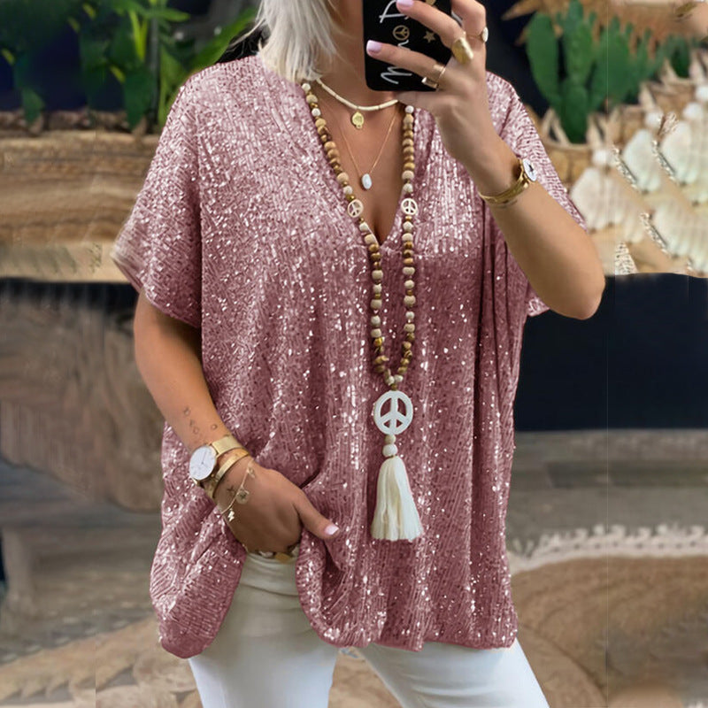 Women's sparkling top with an elegant V-neck and a relaxed fit, size [size]
