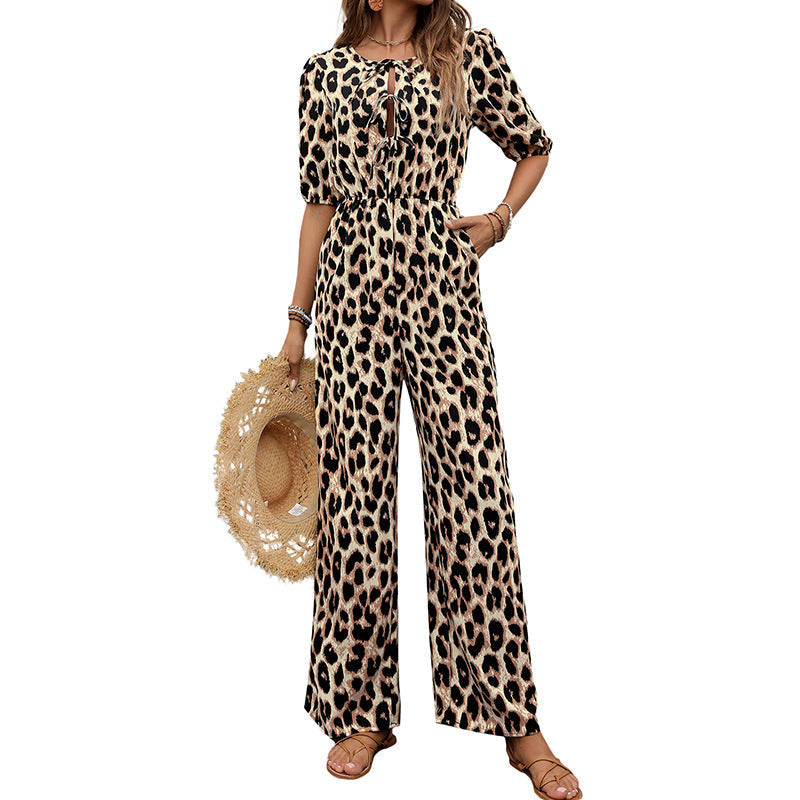 Damen Freizeit-Jumpsuit mit Leopardenmuster und Carmen-Puffärmeln, Größe [Größe]