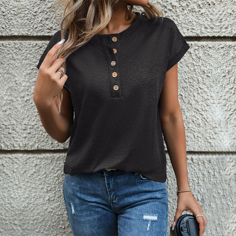 Women's short-sleeved T-shirt with button placket, size
