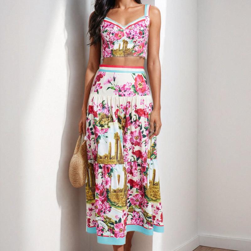 Women's two-piece summer outfit with floral bustier and swing skirt, size [size]