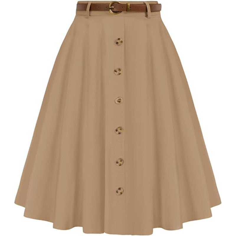 Women's A-line skirt with button placket and belt, size