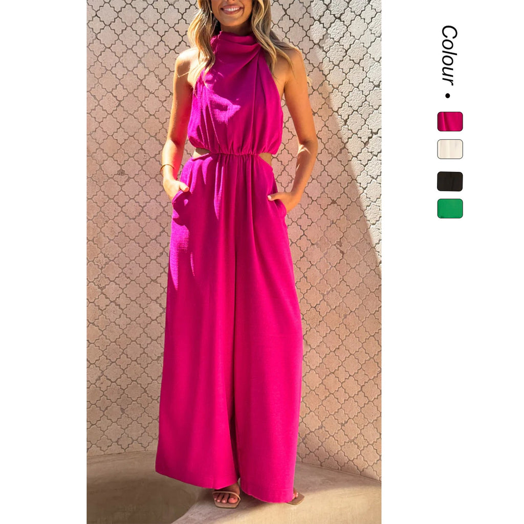 Women's elegant jumpsuit with high collar and cut-out details, size