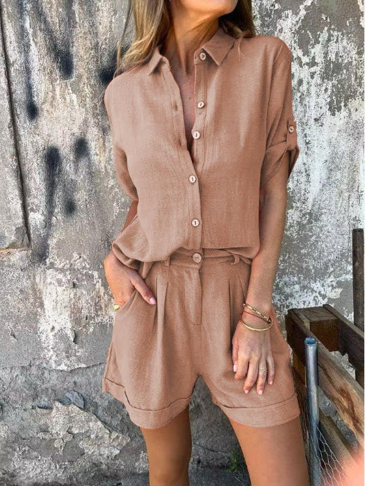Women's casual jumpsuit with button-fastened top and practical drawstring waist