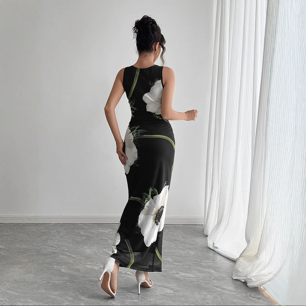 Valenzora | Ärmelloses langes Rockkleid mit schwarzem Mesh-Print