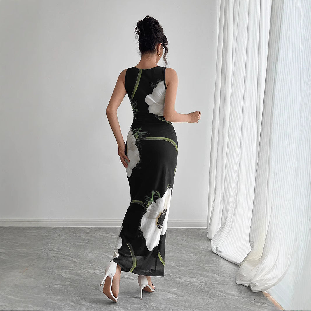 Valenzora | Ärmelloses langes Rockkleid mit schwarzem Mesh-Print