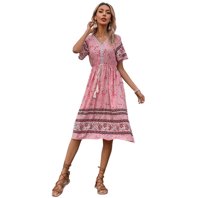 Damen Boho-Style Kleider mit Stickdetails und Taillenzugbund Drune