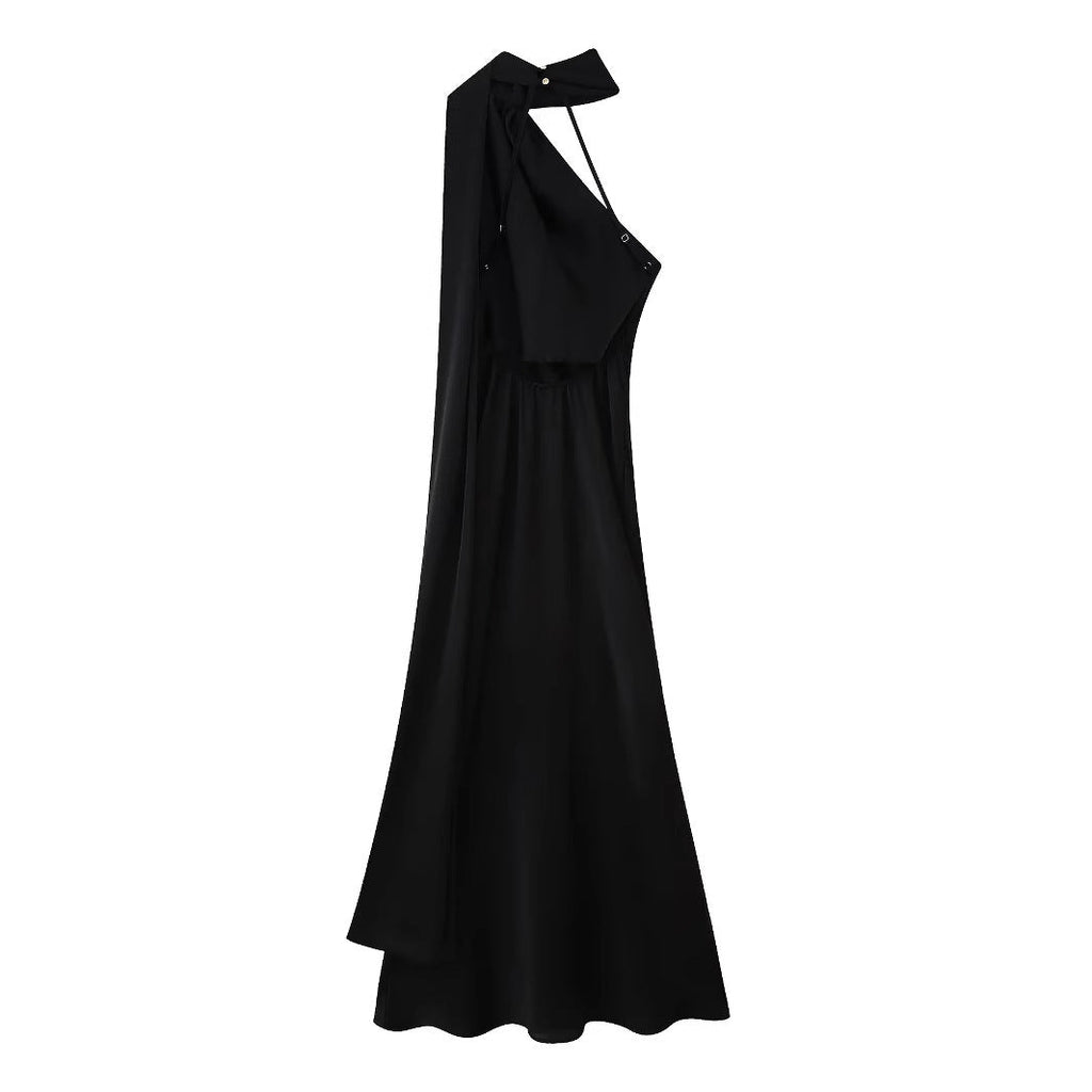 Women's evening dress with elegant stand-up collar and voluminous cape, size S