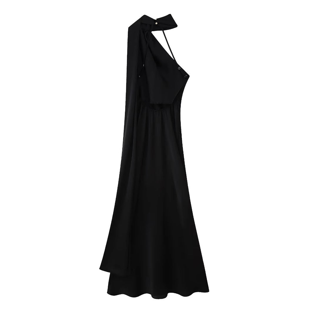 Women's evening dress with elegant stand-up collar and voluminous cape, size S