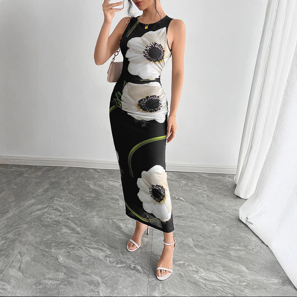 Valenzora | Ärmelloses langes Rockkleid mit schwarzem Mesh-Print
