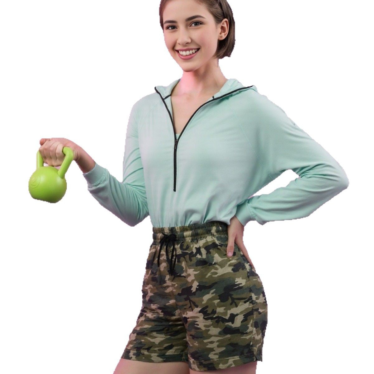 Women's camouflage shorts with elastic waistband and practical pockets, size
