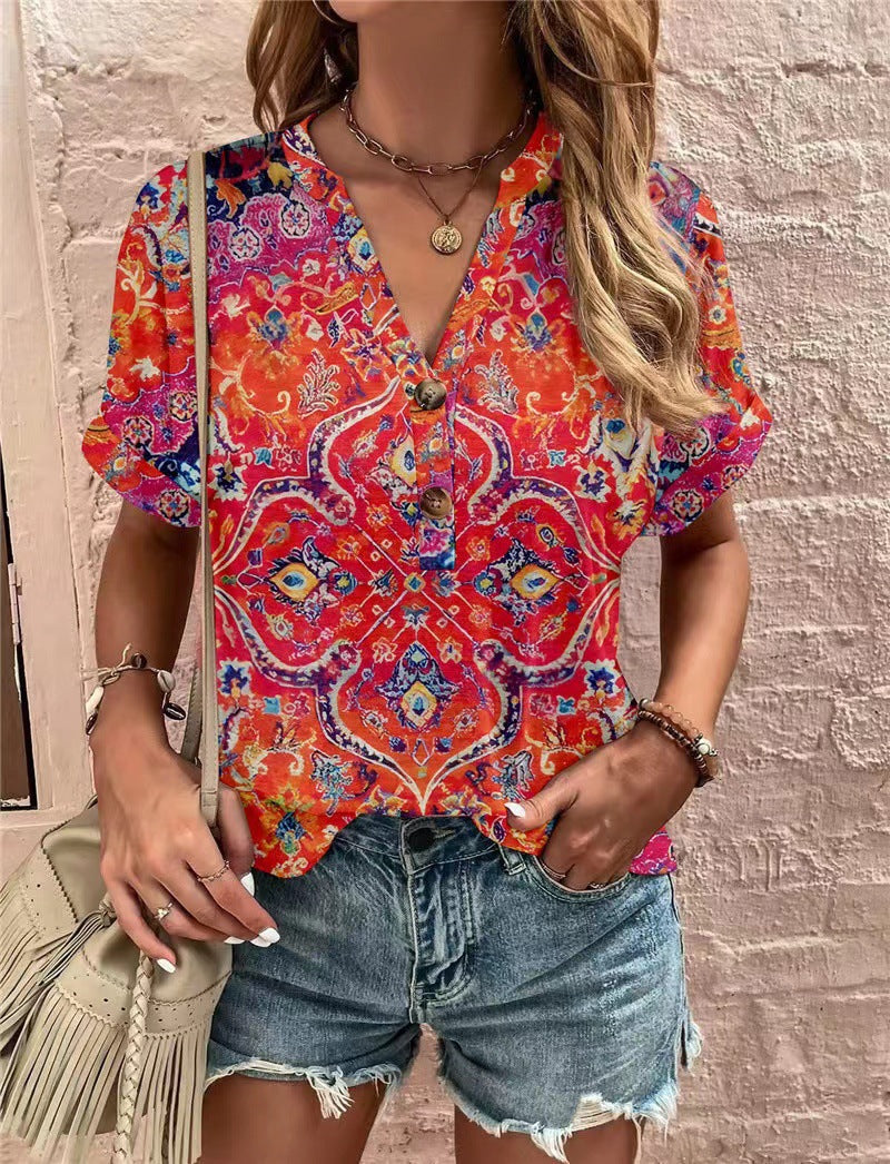 Valenzora | Trendy printed button-up short-sleeved top
