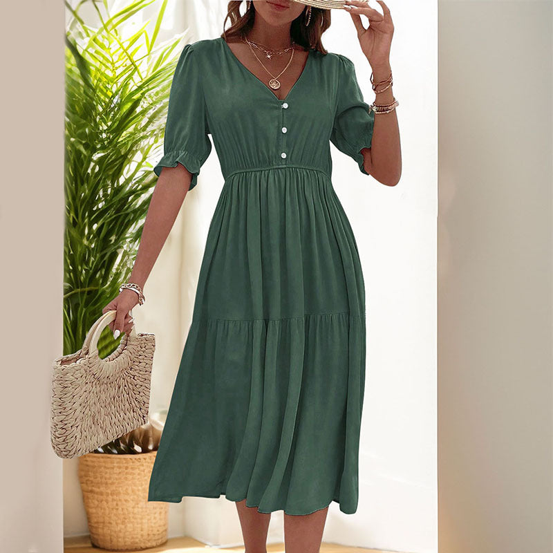 Women's midi dress with buttoned V-neck and airy puff sleeves, size