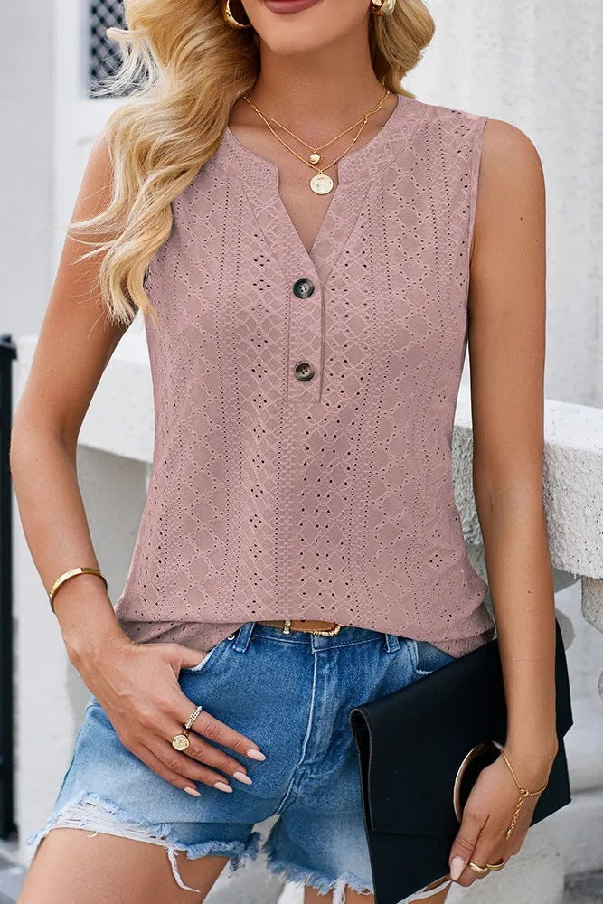 Damen-Ärmellose-Bluse mit Knopfdetails und feinem Lochmuster, Größe S