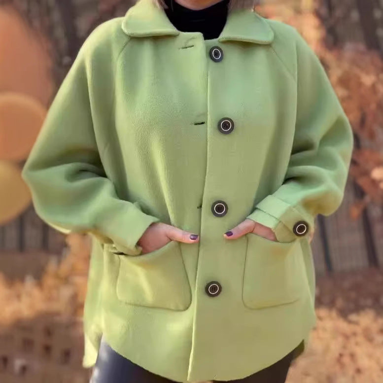 Women's soft wool jacket with shoulder yoke and button details, size