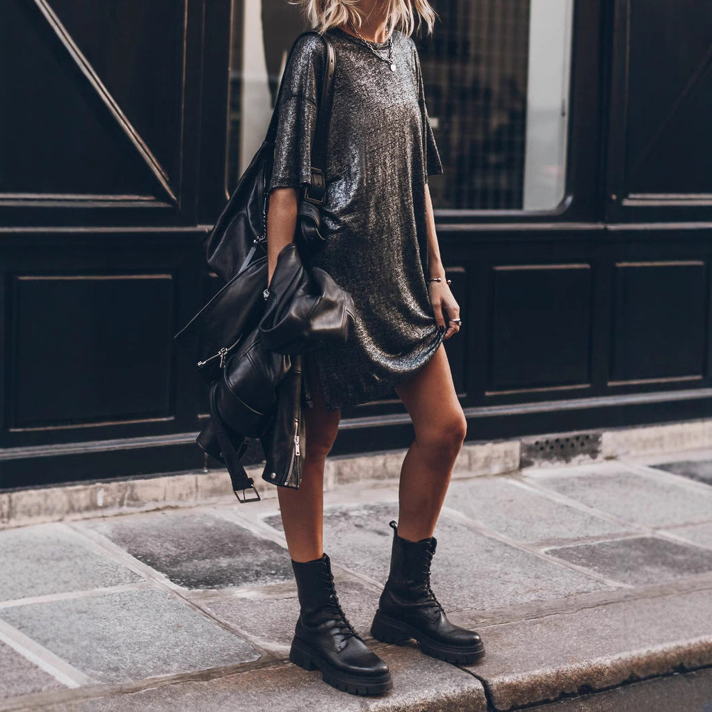 Women's casual glitter dress with side slit and oversized cut, size [size]