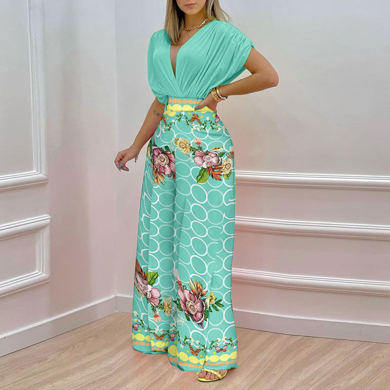 Damen-Jumpsuit mit tiefem V-Ausschnitt und weitem Bein, Größe
