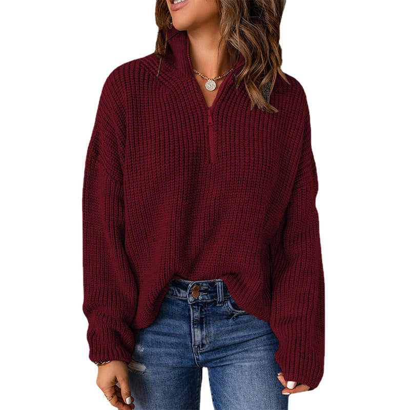 Women's chunky knit sweater with stand-up collar and zipper, size