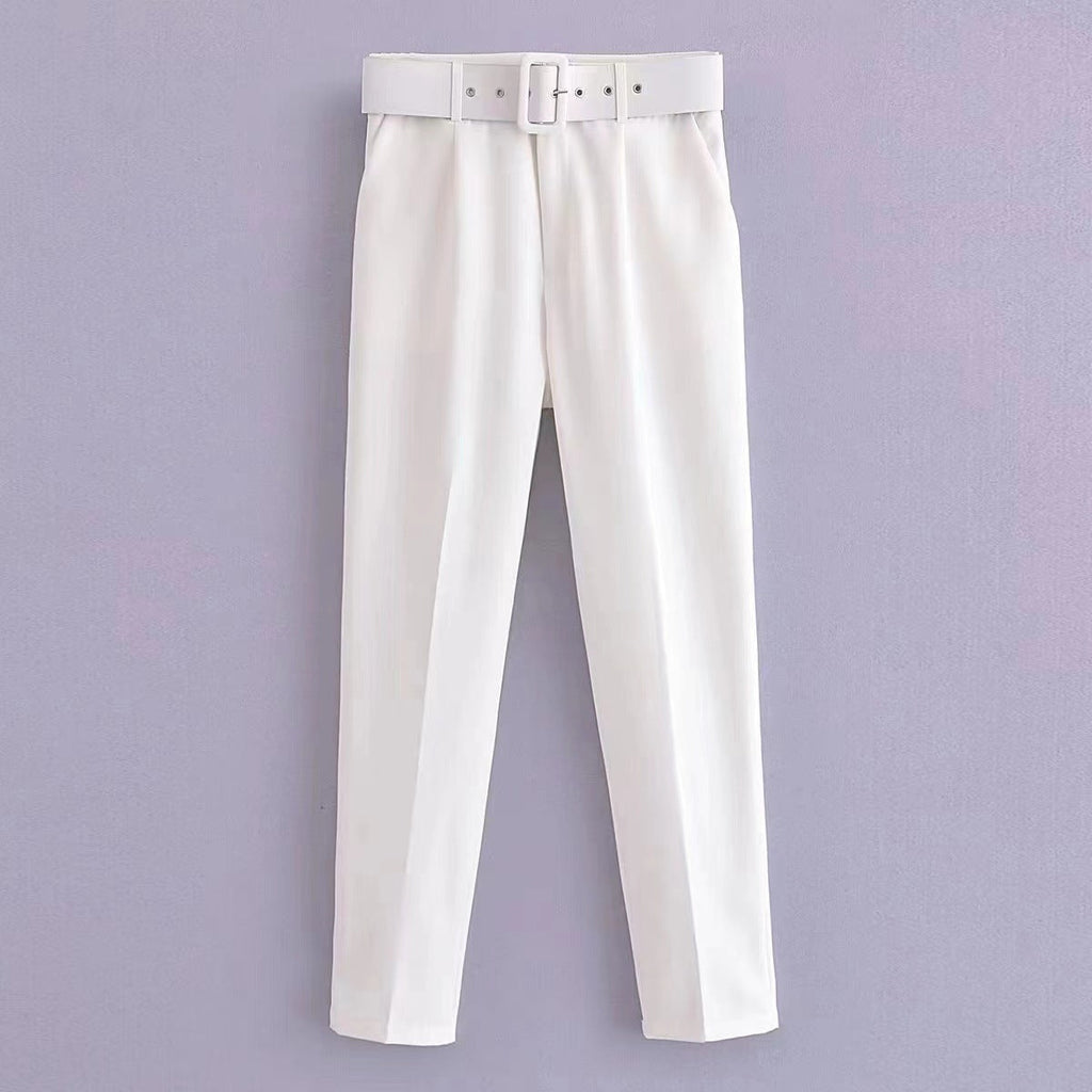Women's wide-leg high-waisted trousers with a stylish belt, size