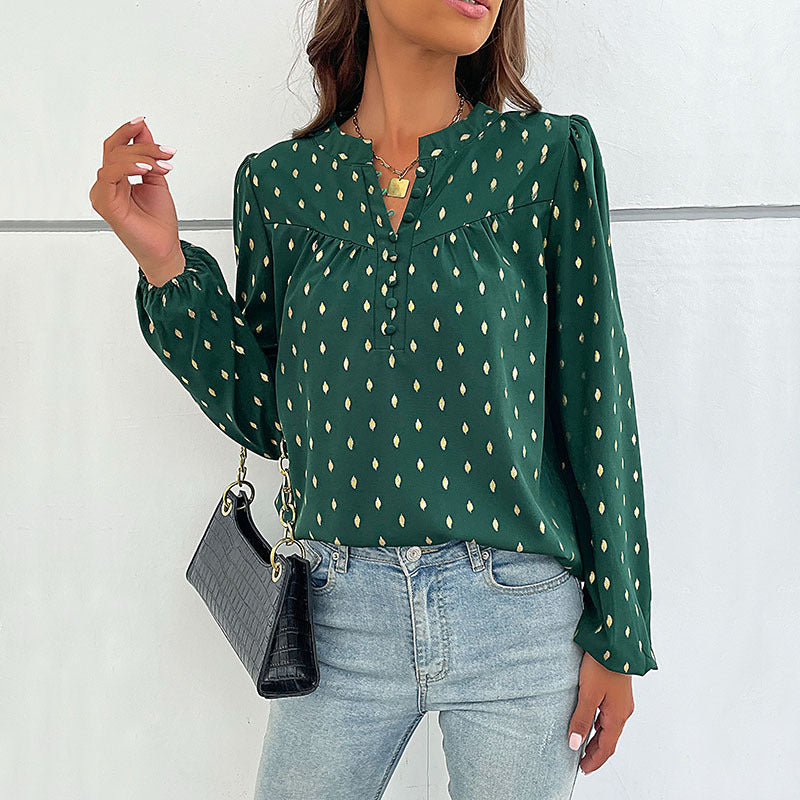 Women's blouse with decorative buttons and elegant ruching, size