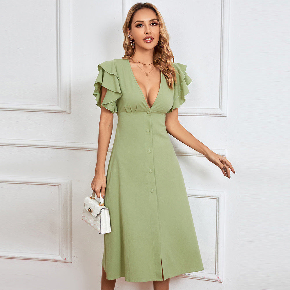 Damen Midi-Kleid mit voluminösen Rüschendetails und tiefem V-Ausschnitt, Größe