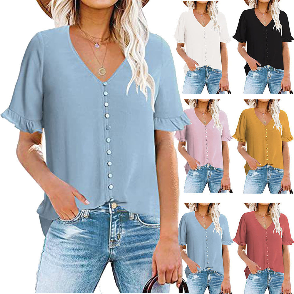 Women's blouse with ruffle details and button placket, size