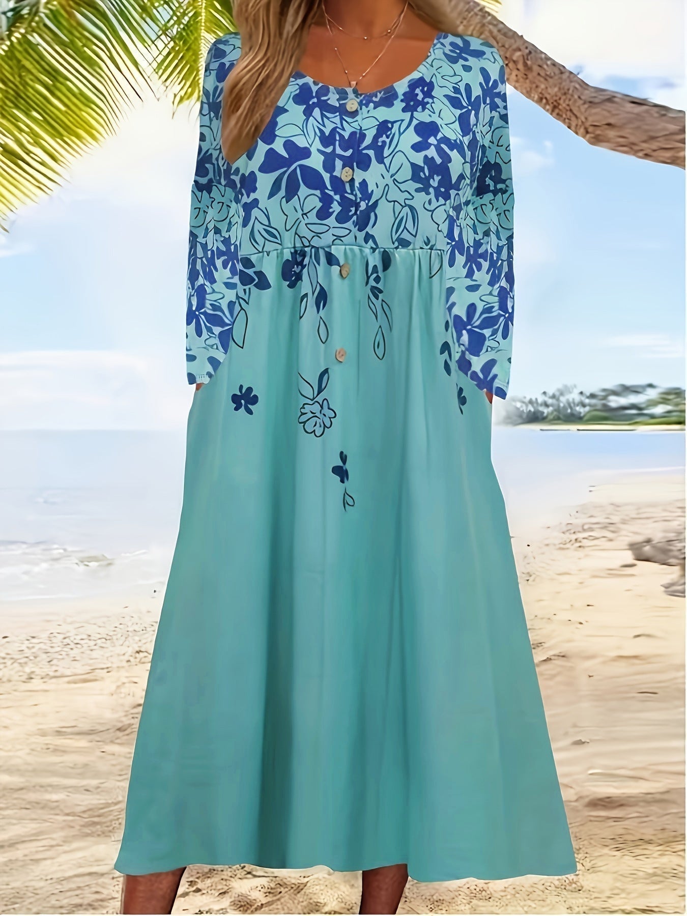 Women's flowing midi dress with floral print and practical pockets, size [size]