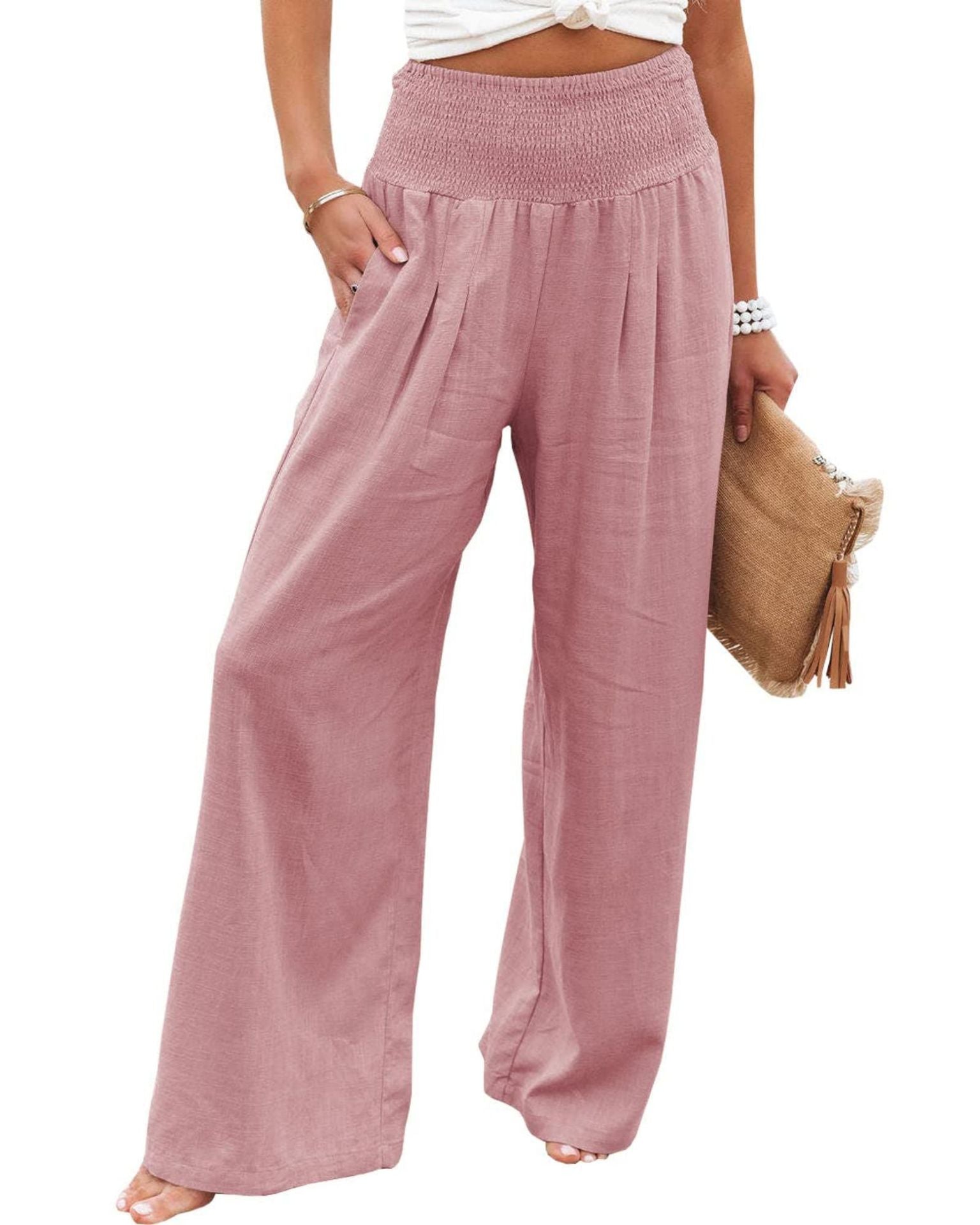Women's wide-legged linen trousers with elasticated waistband and pleats, size