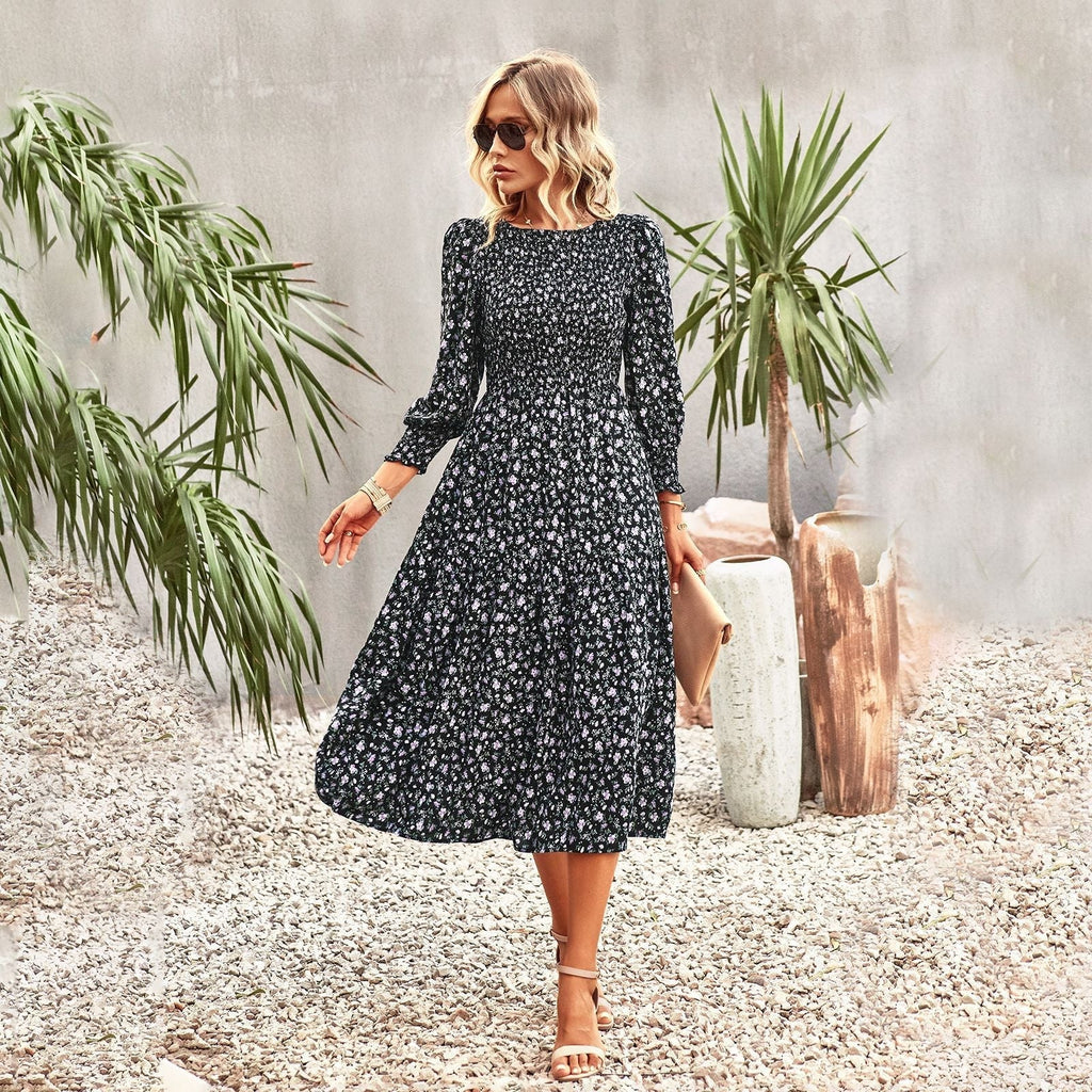 Florales Midikleid für Damen mit Raffung in der Taille und langen Ärmeln, Größe