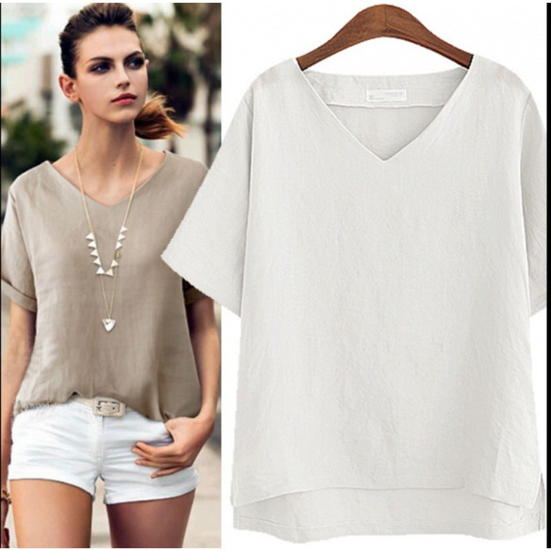 Women's casual V-neck blouse with dropped shoulders, size