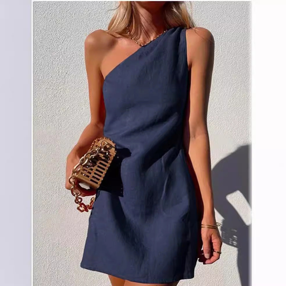 Valenzora | Solid color slim fit one-shoulder commuter dress