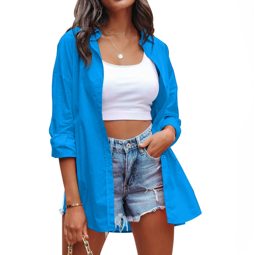Women's casual linen blouse with long sleeves and button placket, size S