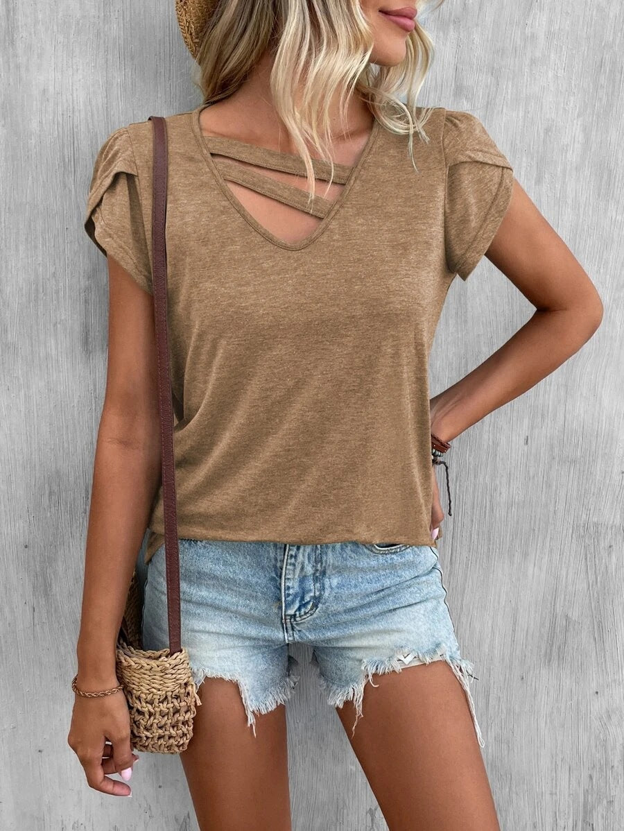 Women's casual short-sleeved T-shirt with unique cross-neck, size