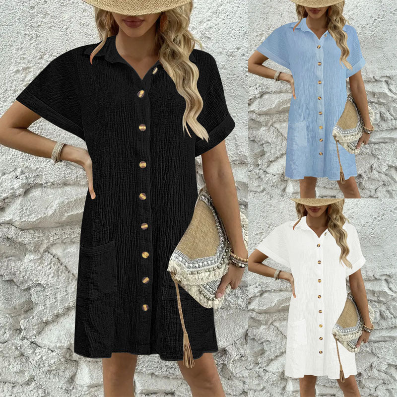 Women's knee-length shirt dress with button-up design and practical pockets, size S