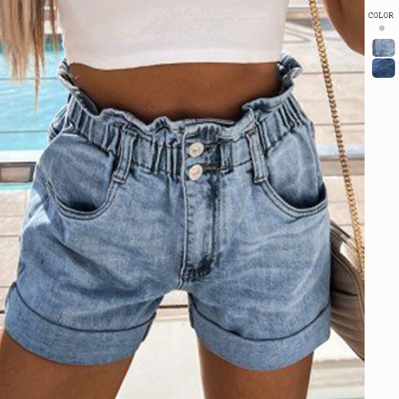 Women's denim shorts with a high waist and elasticated waistband, size S