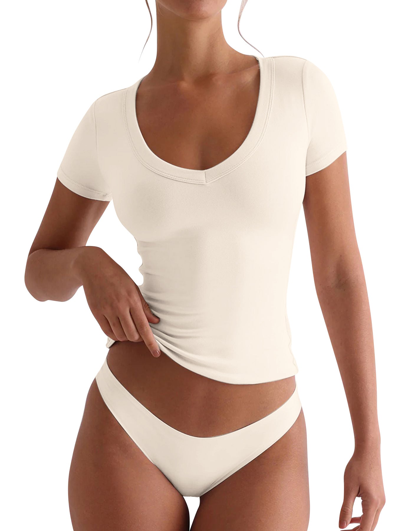 Women's fitted V-neck T-shirt with short sleeves, size