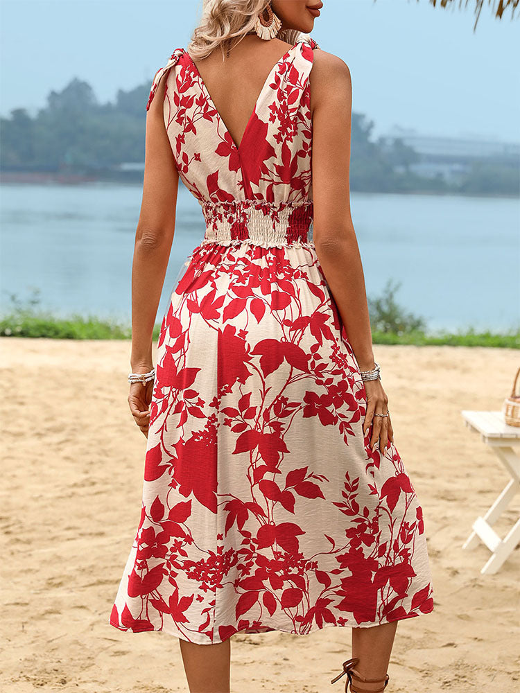 Women's midi dress with floral design and elasticated waist, size