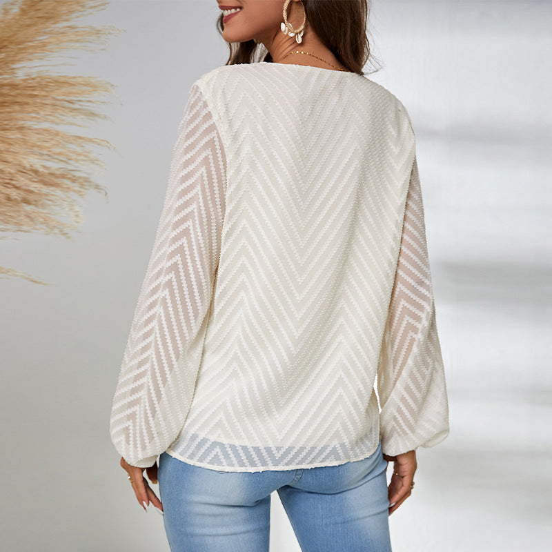 Damenbluse mit elegantem V-Ausschnitt und transparenten Ärmelapplikationen, Größe S