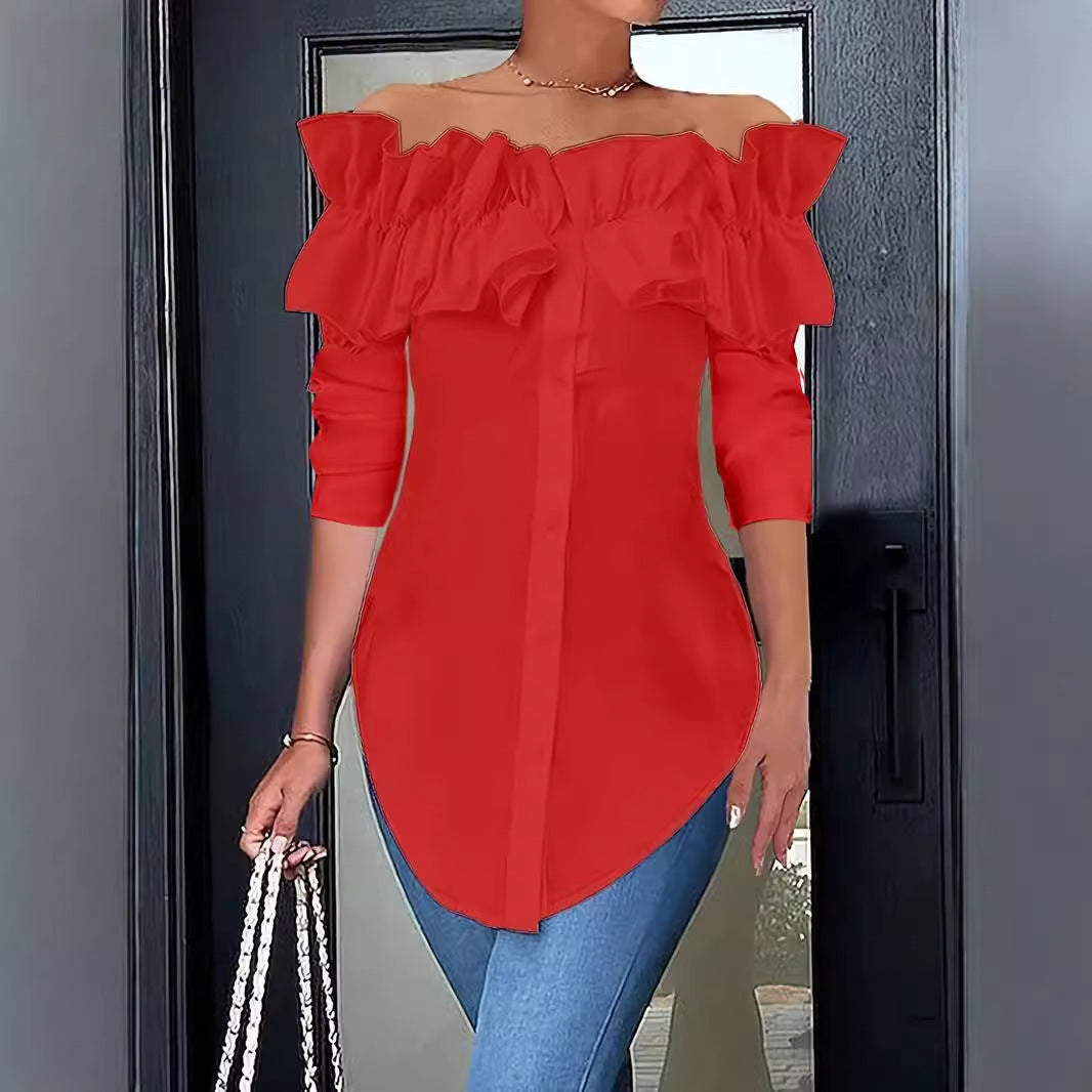 Damenbluse mit schulterfreiem Design und voluminösen Rüschendetails, Größe [Größe fehlt]
