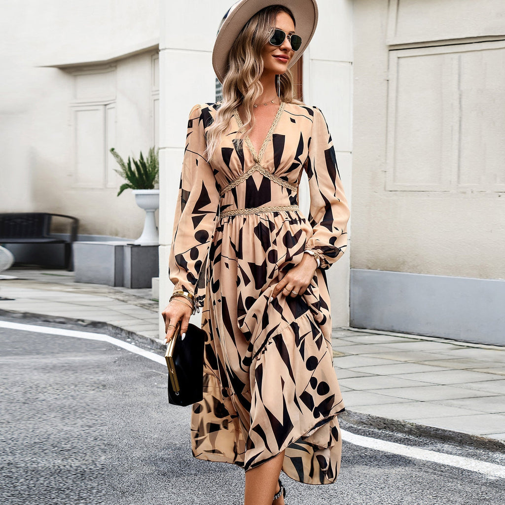 Women's midi dress with asymmetrical trim and deep V-neck, size