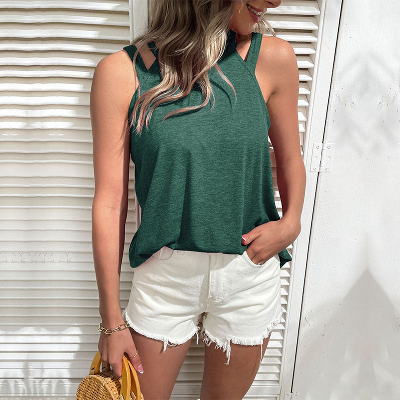 Women's sleeveless top with a fashionable cut and playful strap details, size